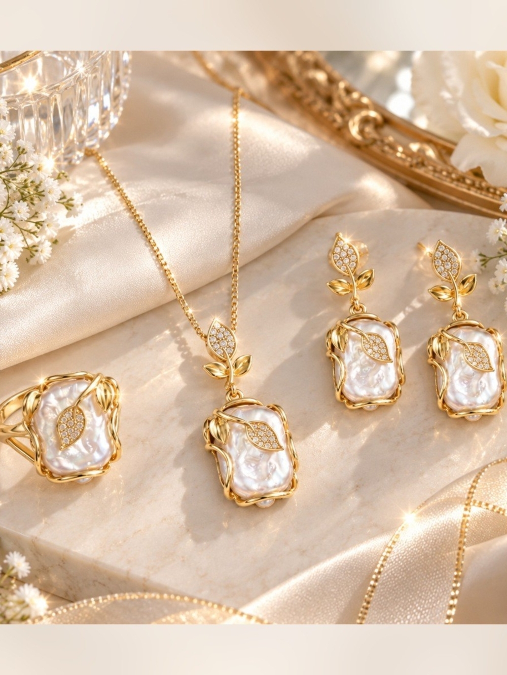 Elegant Natural Pearl Jewelry Set Necklace,Earrings Ring  ,White,Lilac Tones.